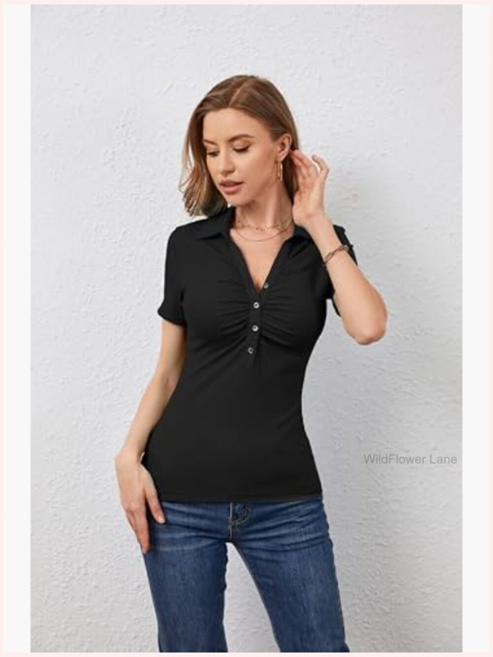 Ribbed Knit Polo V Neck Button Down Fitted Short Sleeve Blouse - Picture 6 of 6